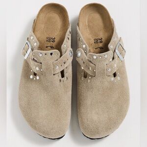 Birkenstock Beige Suede Clogs with Silver Studs